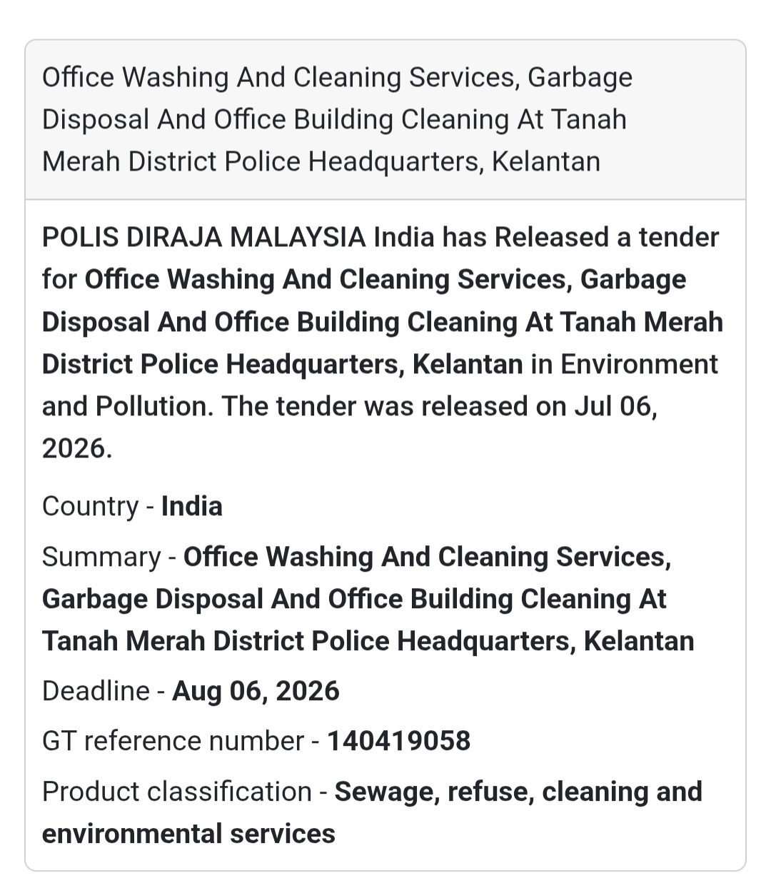 🧹 Kelantan Police Headquarters Tender | Malaysia