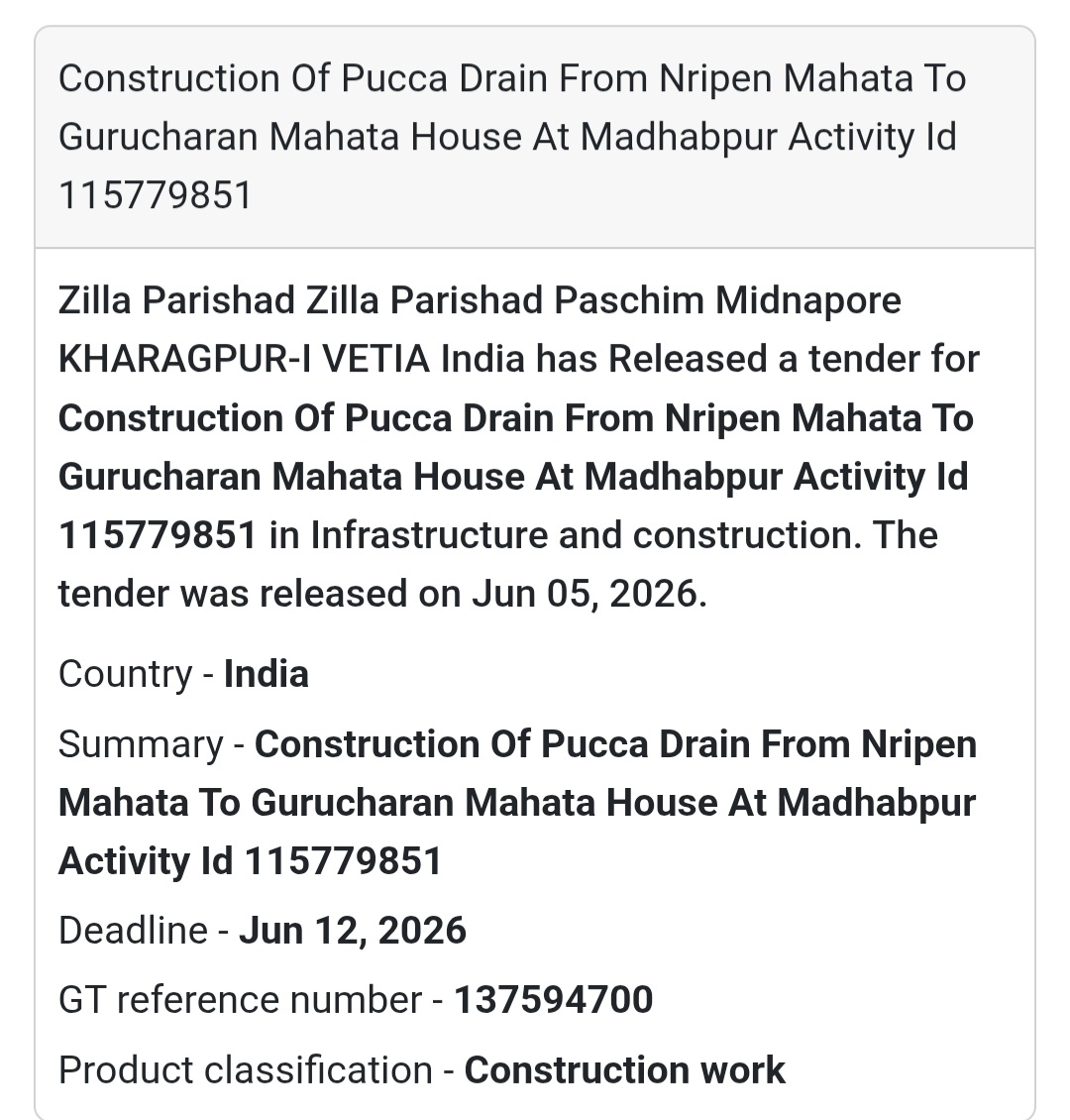🚧 Kharagpur, Paschim Medinipur | Pucca Drain Construction Tender