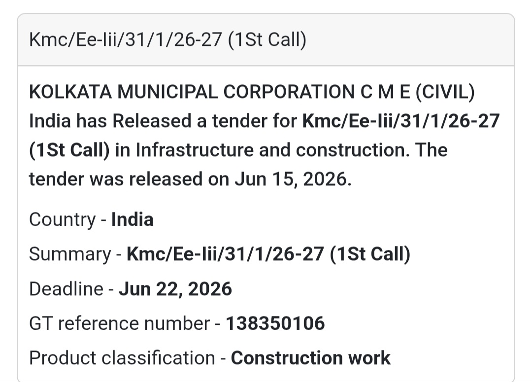 🏗️ KMC/EE-III/31/1/26-27 (1st Call) Infrastructure & Construction Tender – Kolkata, West Bengal
