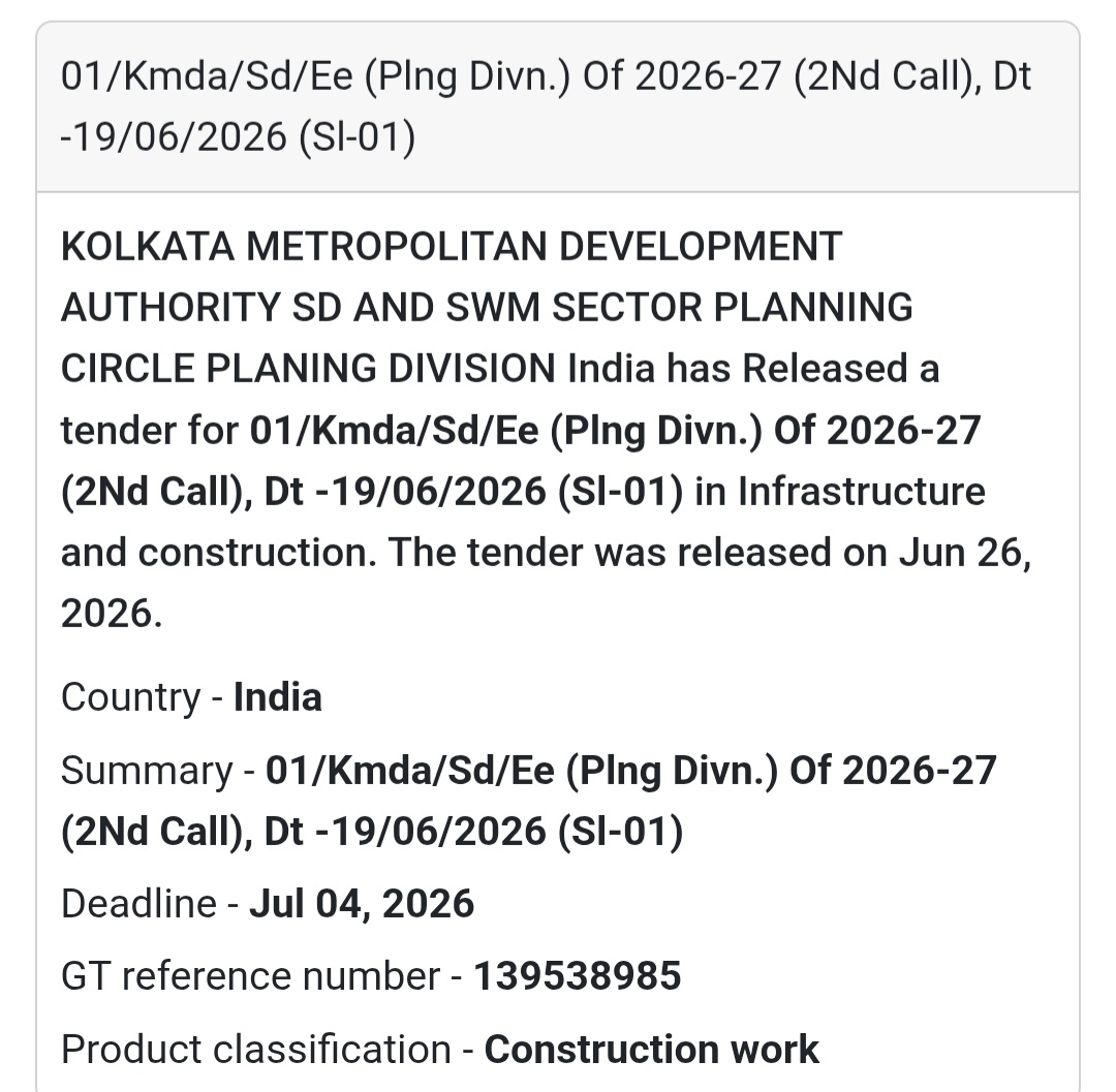 KMDA Planning Division Tender (Sl-01) – Kolkata, West Bengal