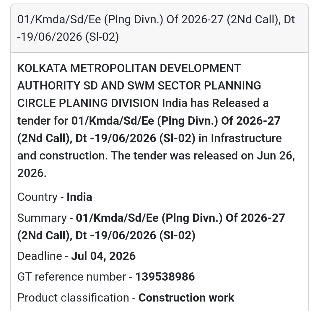 KMDA Planning Division Tender (Sl-02) – Kolkata, West Bengal