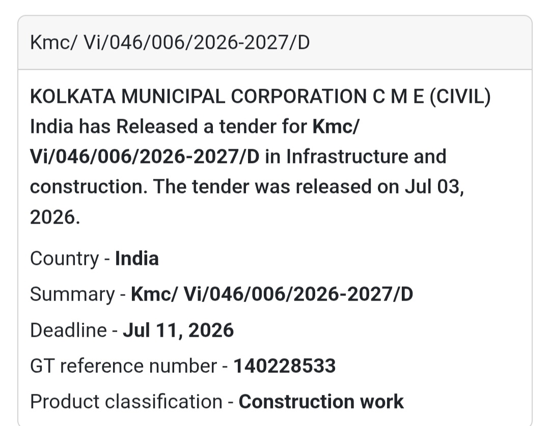 🏗️ Kolkata Municipal Corporation (Civil) Tender – Kolkata, West Bengal