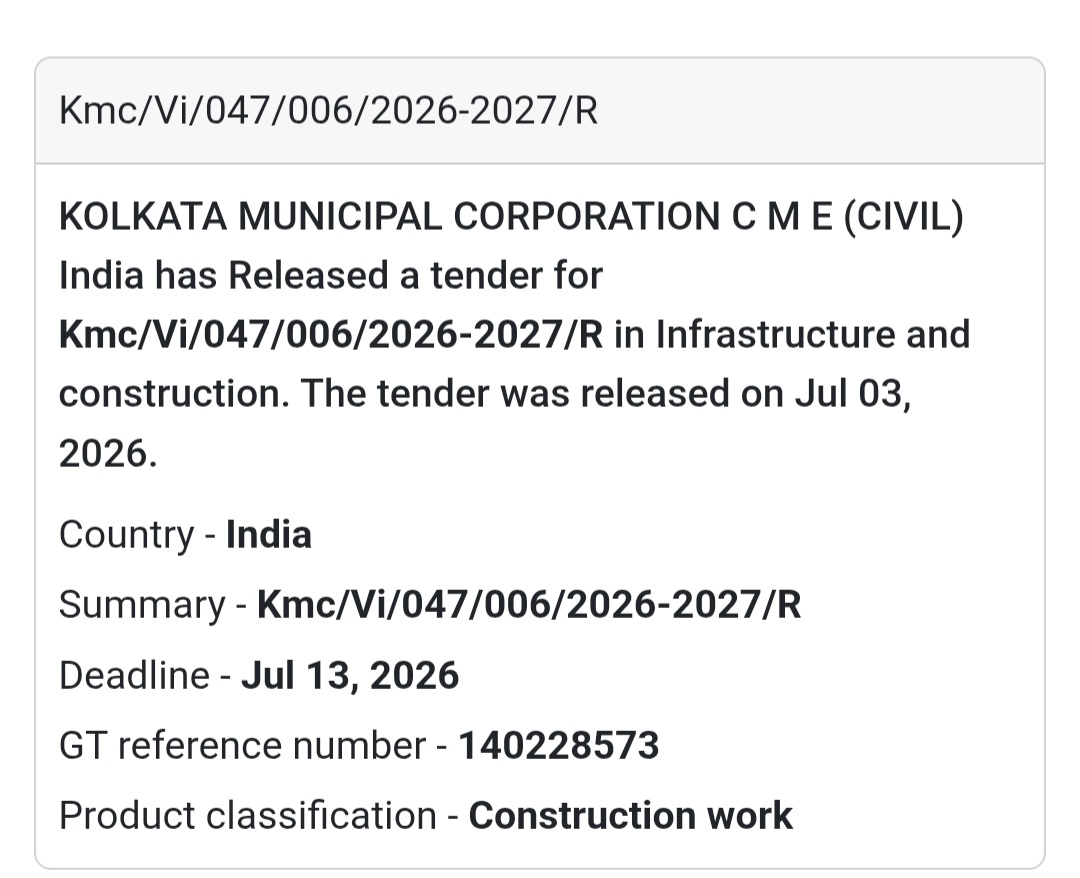🏗️ Kolkata Municipal Corporation Civil Tender – Kolkata, West Bengal