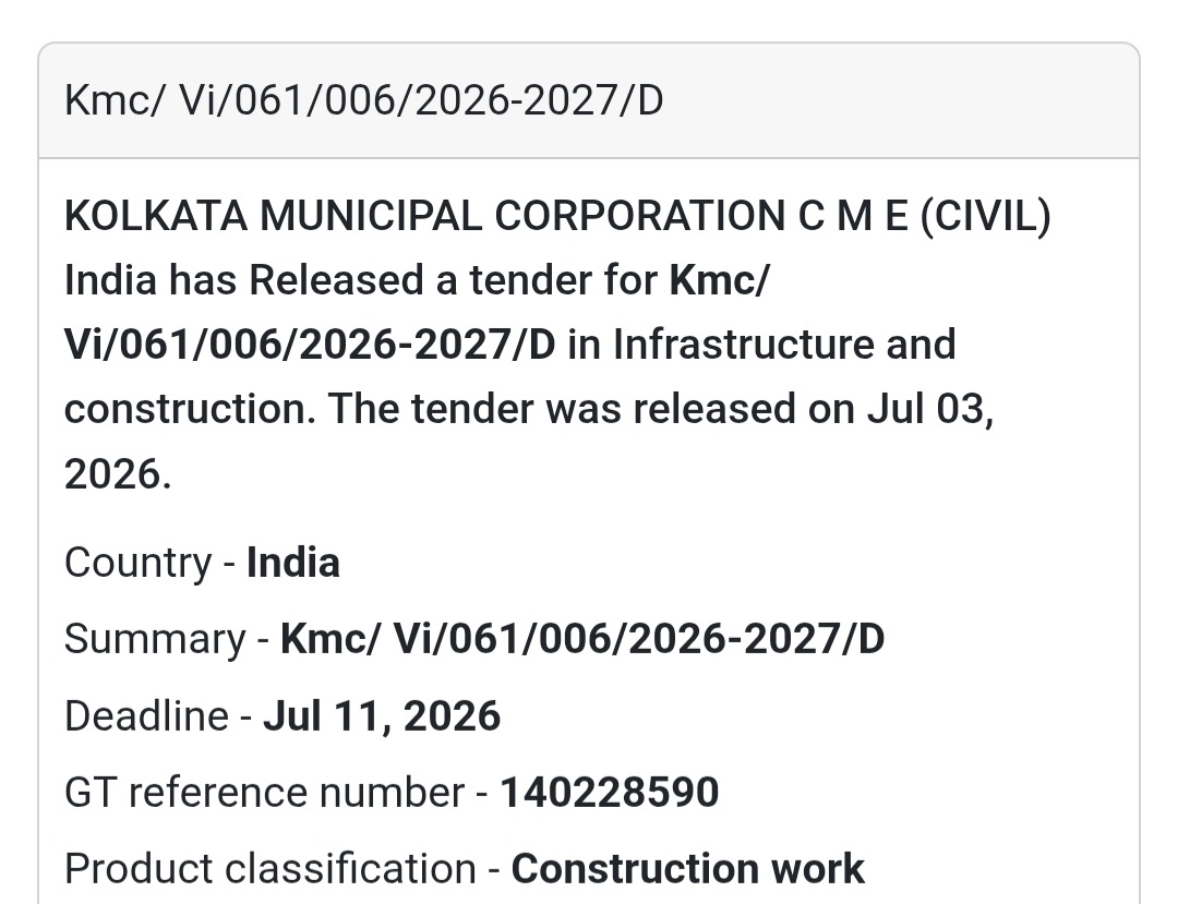 🏗️ Kolkata Municipal Corporation Tender – Kolkata, West Bengal