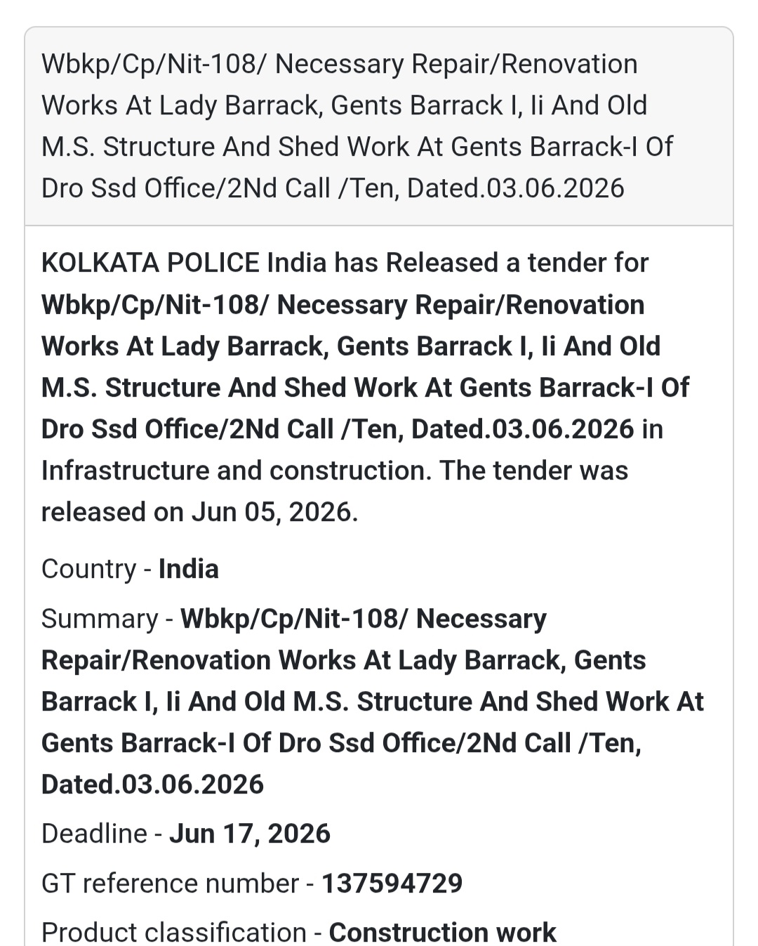 🏗️ Kolkata Police | Repair & Renovation Works Tender