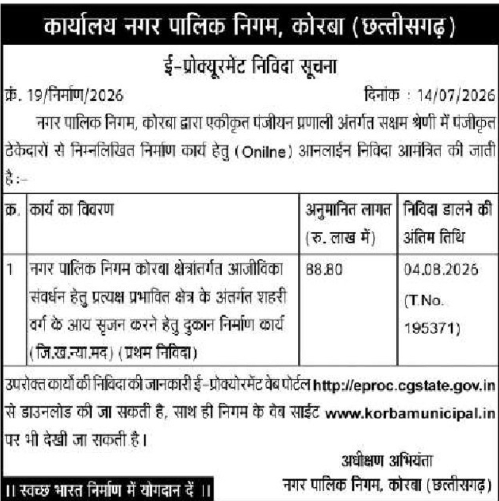 🏗️ Korba Municipal Corporation E-Tender Notice
