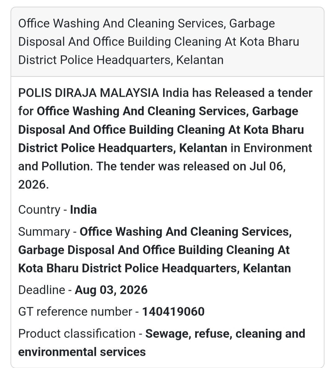 🧹 Kota Bharu Police Headquarters Tender | Malaysia