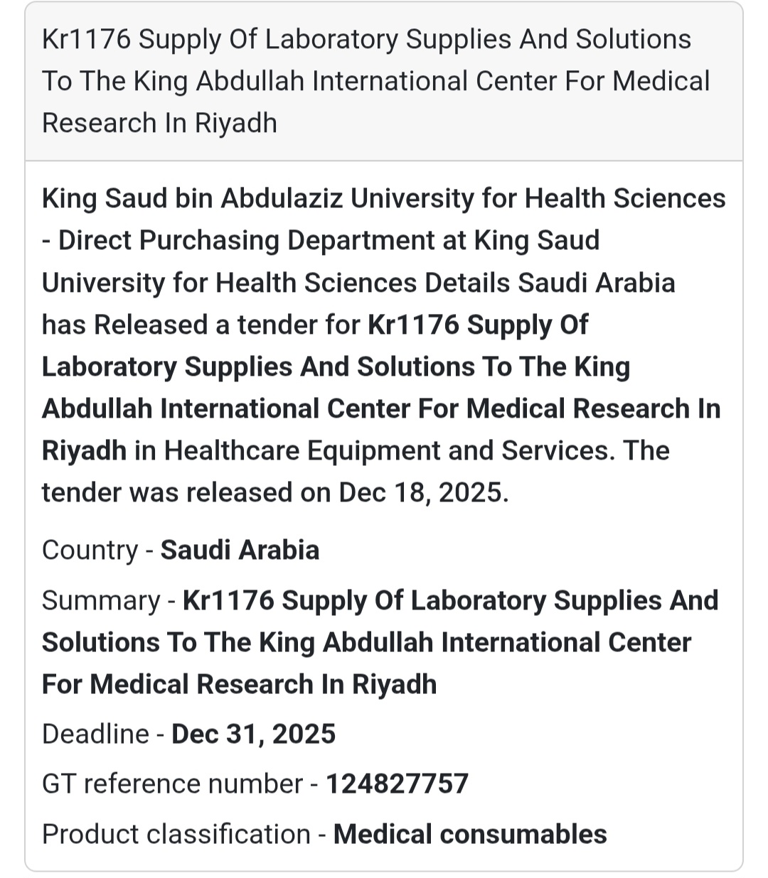 🔔 Laboratory Supplies & Solutions Tender | Saudi Arabia 🇸🇦