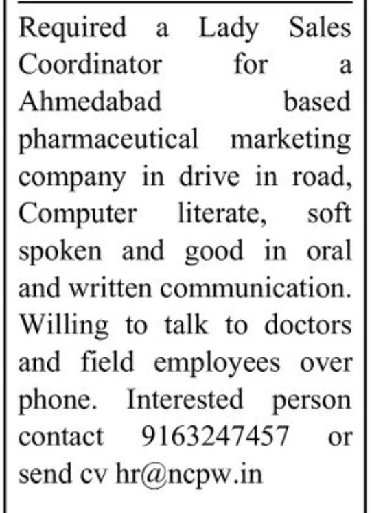 👩 Lady Sales Coordinator Required Ahmedabad
