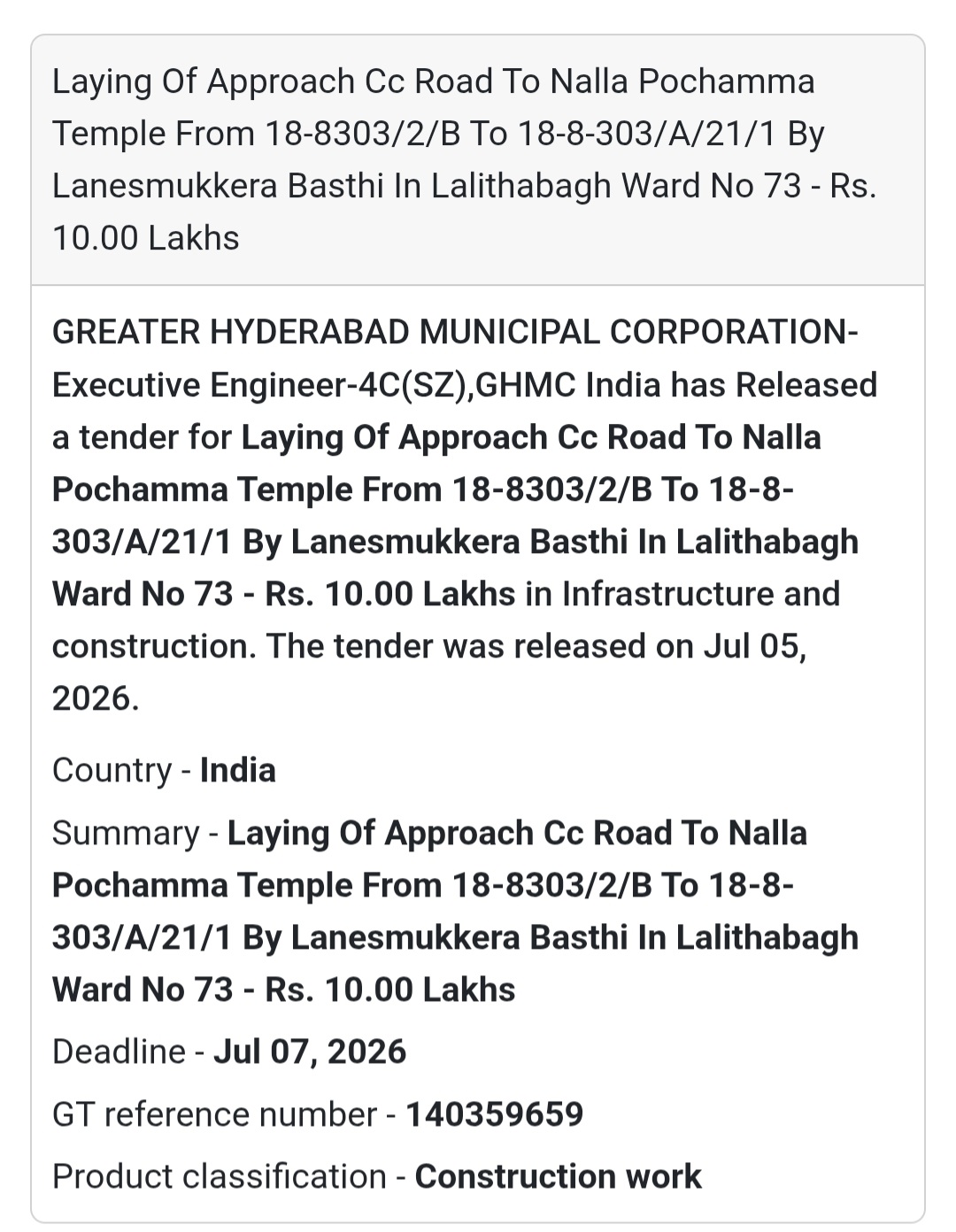 🛣️ Laying of Approach CC Road – Lalithabagh, Ward No. 73, GHMC 🚧