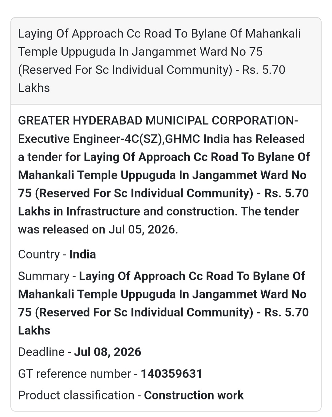 🛣️ Laying of Approach CC Road to Bylane of Mahankali Temple Uppuguda – Jangammet Ward No. 75 🚧