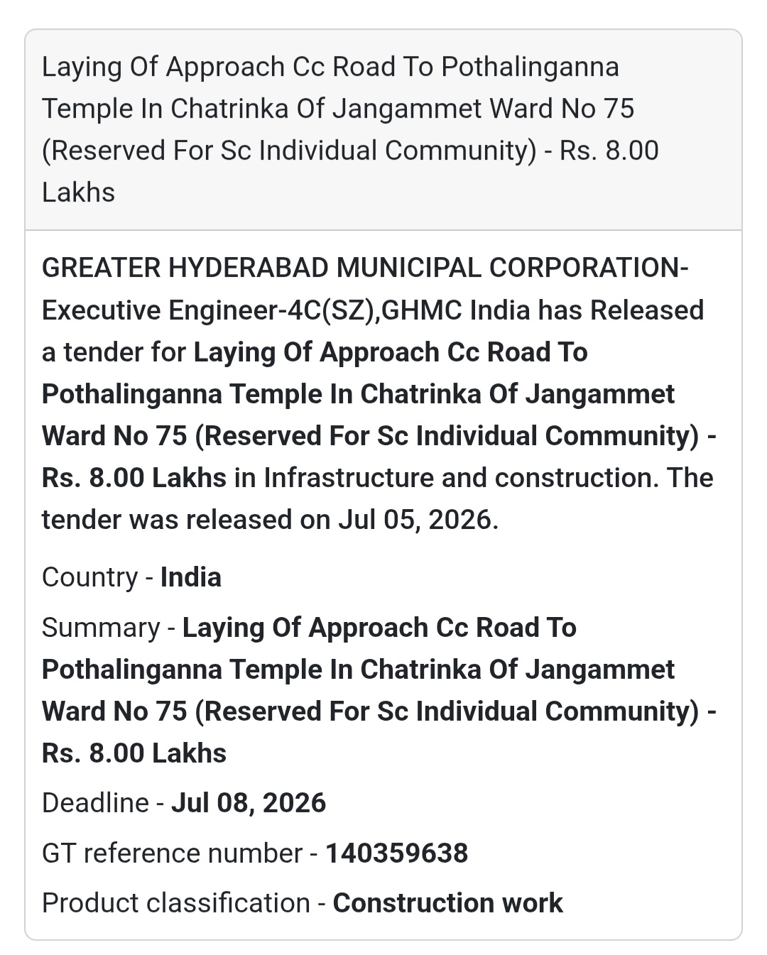 🛣️ Laying of Approach CC Road to Pothalinganna Temple – Chatrinka,