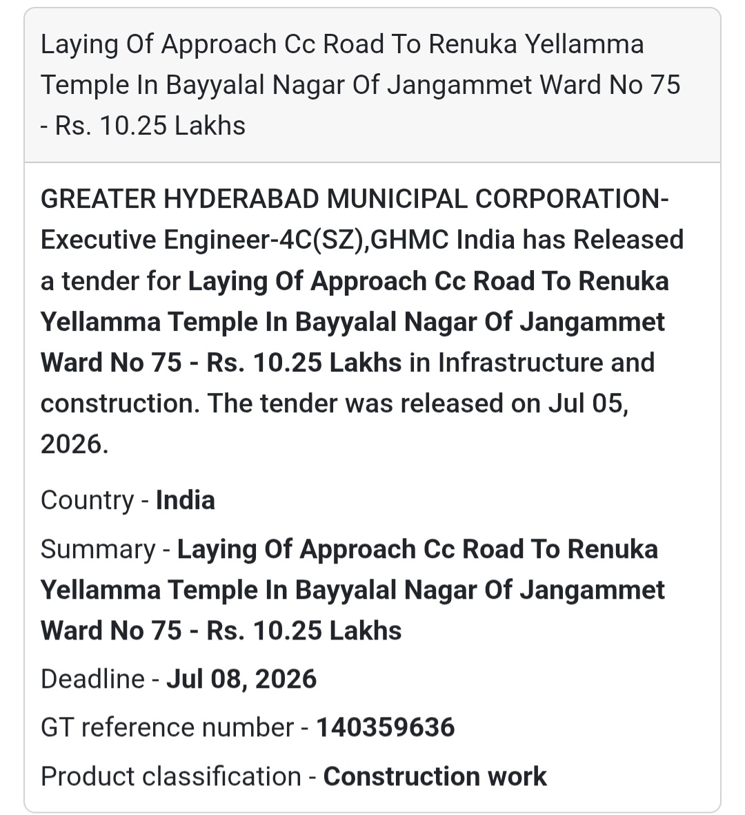 🛣️ Laying of Approach CC Road to Renuka Yellamma Temple – Bayyalal Nagar, Jangammet Ward No. 75 🚧