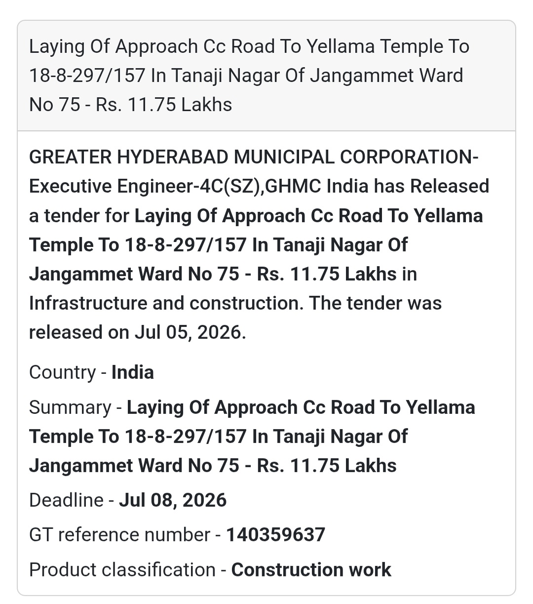 🛣️ Laying of Approach CC Road to Yellama Temple – Tanaji Nagar, Jangammet Ward No. 75 🚧
