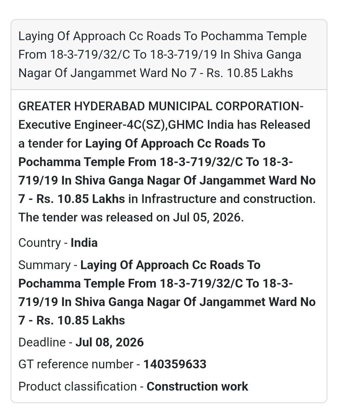 🛣️ Laying of Approach CC Roads to Pochamma Temple – Shiva Ganga Nagar, Jangammet Ward No. 7 🚧