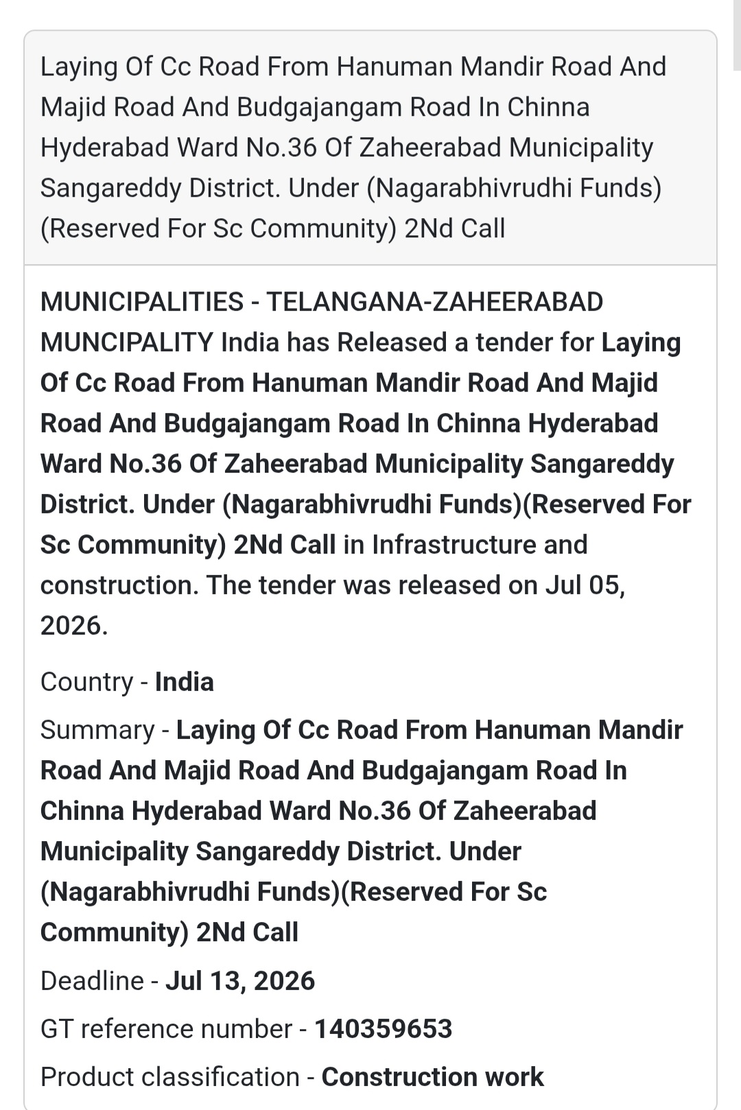 🛣️ Laying of CC Road – Chinna Hyderabad, Ward No. 36, Zaheerabad Municipality 🚧