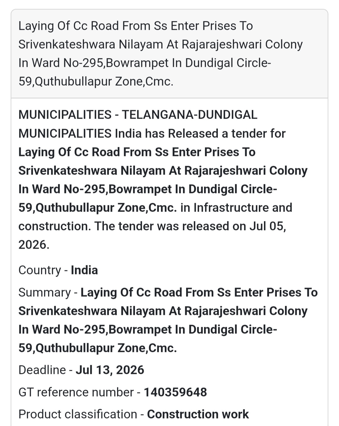 🛣️ Laying of CC Road from SS Enterprises to Srivenkateshwara Nilayam – Rajarajeshwari Colony, Bowrampet, Dundigal Circle-59, Quthbullapur Zone, CMC 🚧