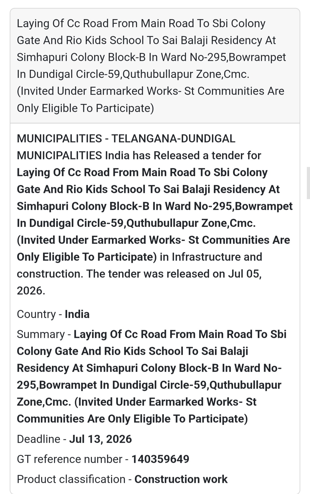 🛣️ Laying of CC Road – Simhapuri Colony Block-B, Bowrampet, Dundigal Circle-59 🚧