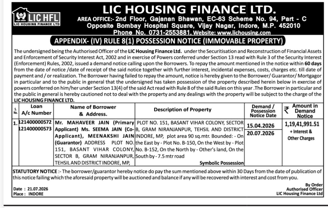 📢 LIC Housing Finance Issues Possession Notice