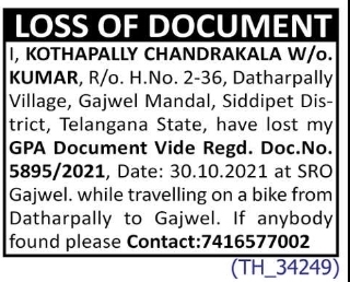 LOSS OF DOCUMENT - KOTHAPALLY CHANDRAKALA