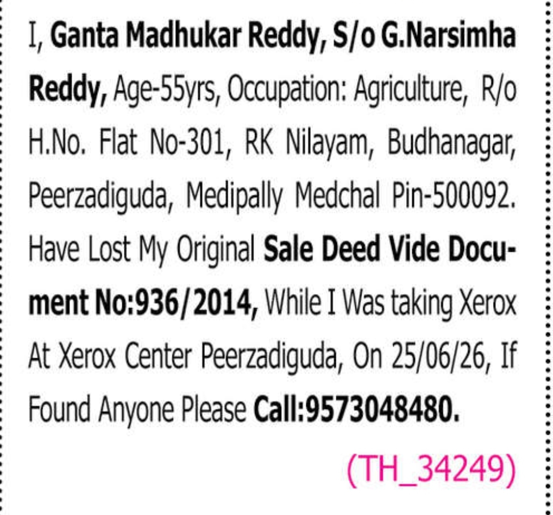 📢 Lost Original Sale Deed Notice✨ Public Notice