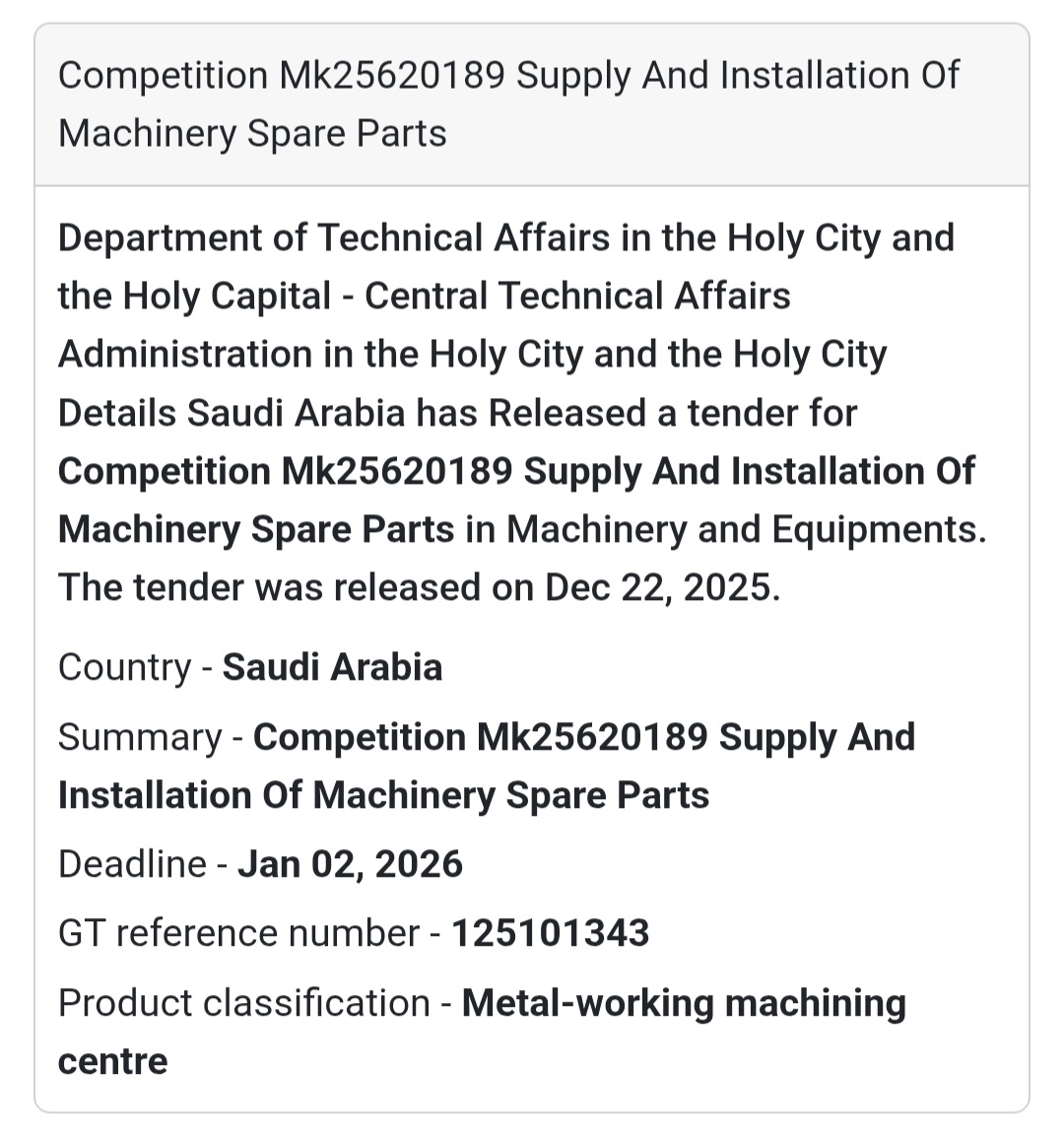 ⚙️ Machinery & Equipment Tender – Saudi Arabia 🇸🇦