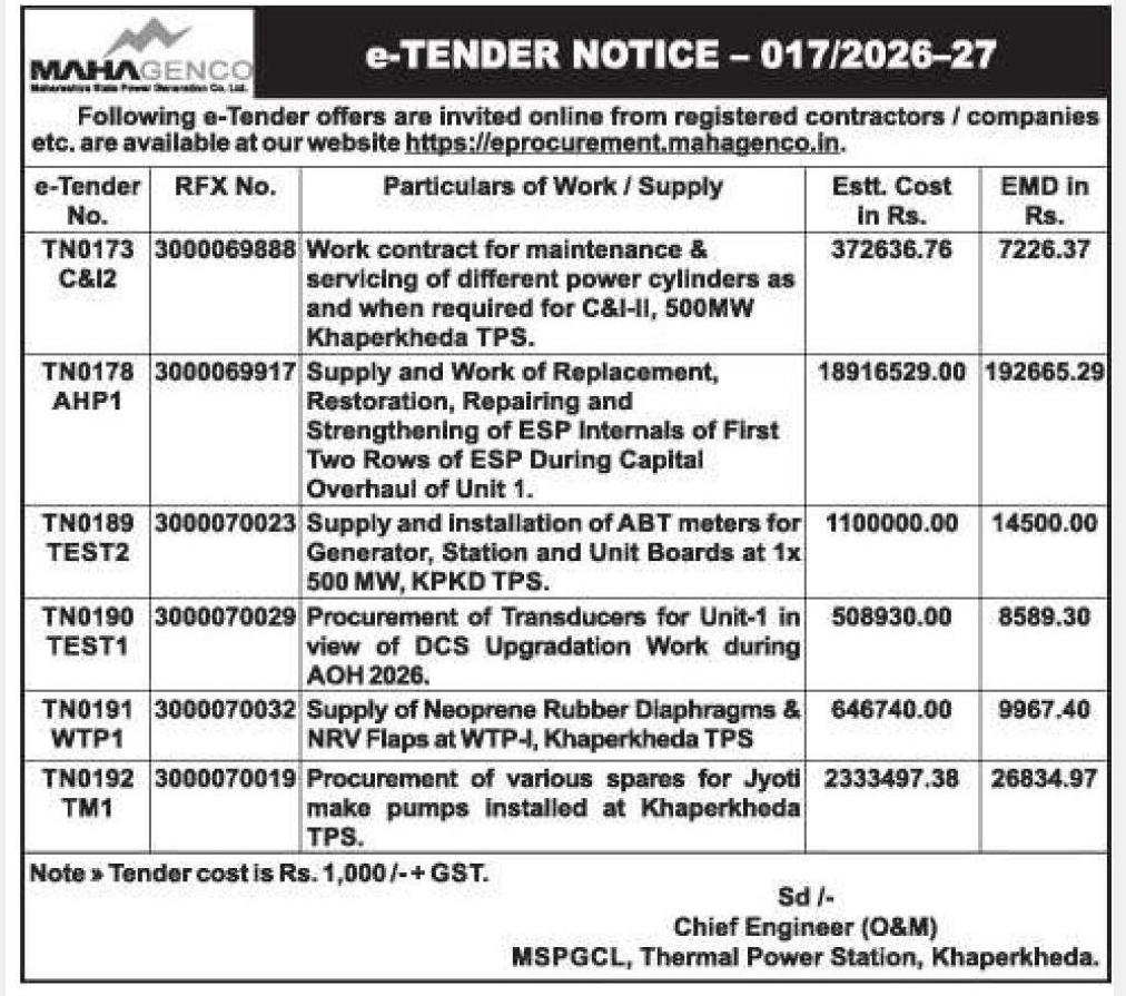 📑 MAHAGENCO e-Tender Notice