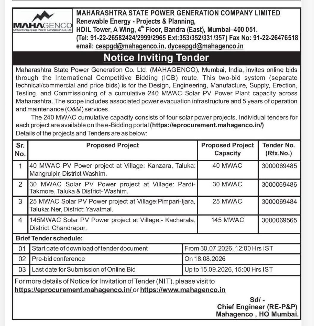 ☀️ MAHAGENCO Solar Power Project Tender