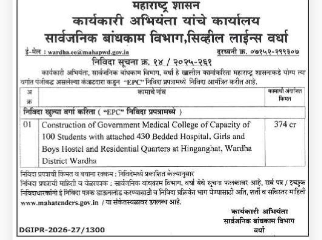🏥 Maharashtra PWD Wardha – EPC Tender Notice