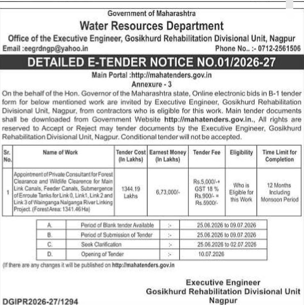 💧 Maharashtra Water Resources Department – Detailed E-Tender Notice