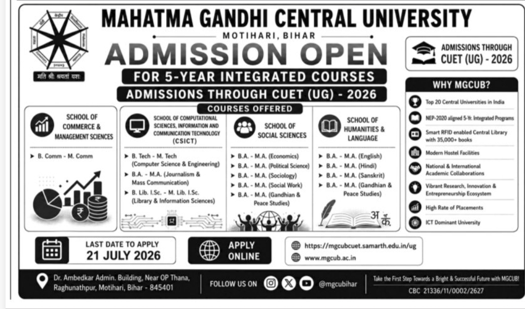 🎓 Mahatma Gandhi Central University – Admissions Open 2026