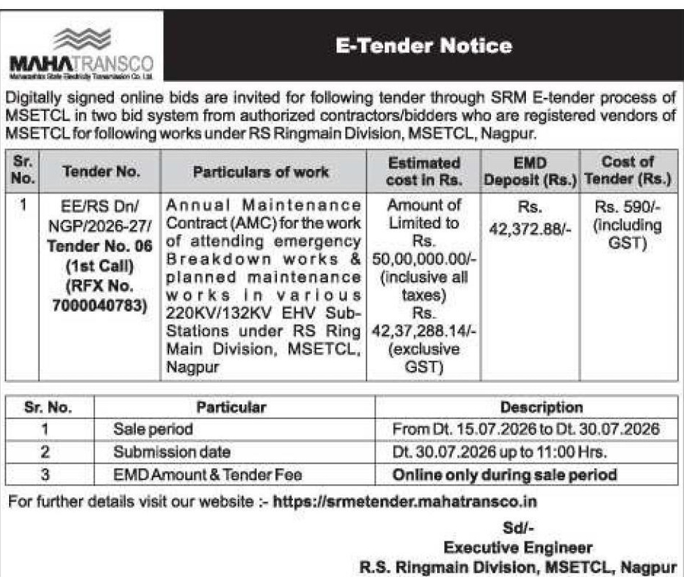 ⚡ MAHATRANSCO E-Tender Notice
