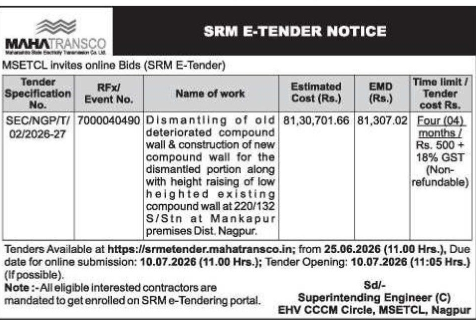 ⚡ MAHATRANSCO – SRM E-Tender Notice