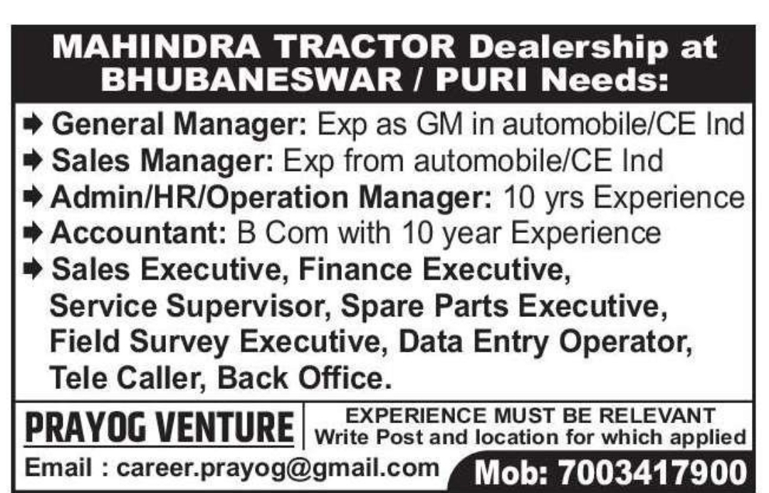 🚜 Mahindra Tractor Dealership Recruitment – Bhubaneswar & Puri
