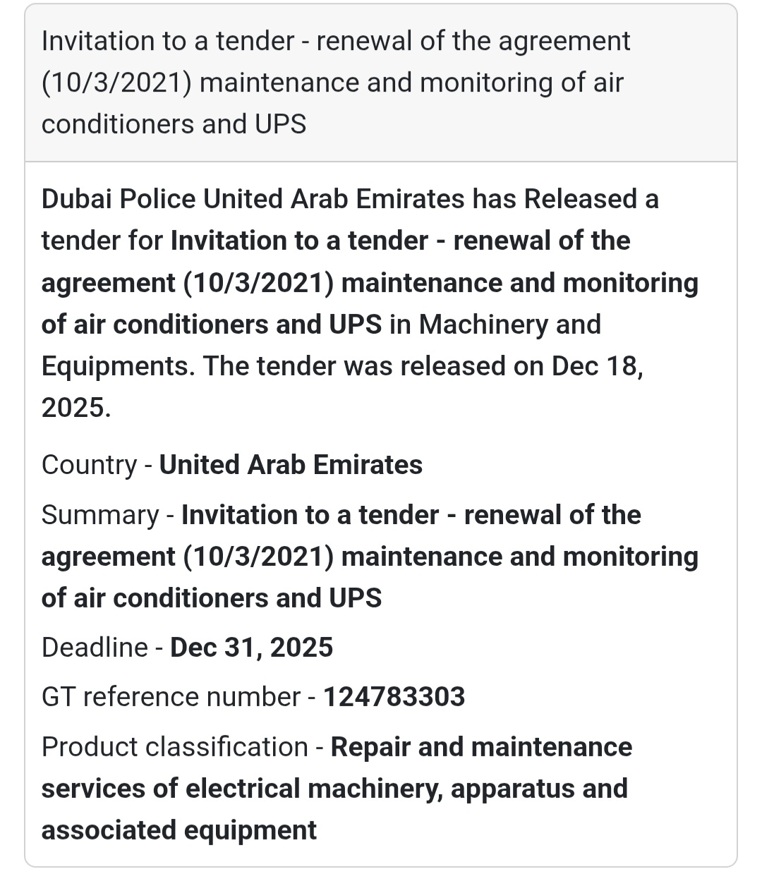 🔔 Maintenance Services Tender | United Arab Emirates 🇦🇪