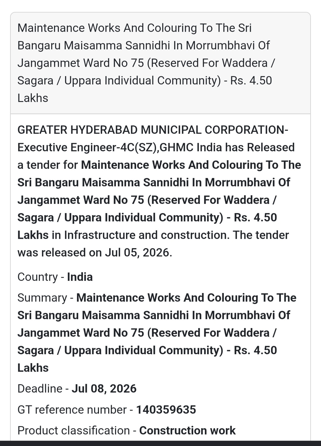 🎨 Maintenance Works & Colouring of Sri Bangaru Maisamma Sannidhi – Morrumbhavi, Jangammet Ward No. 75