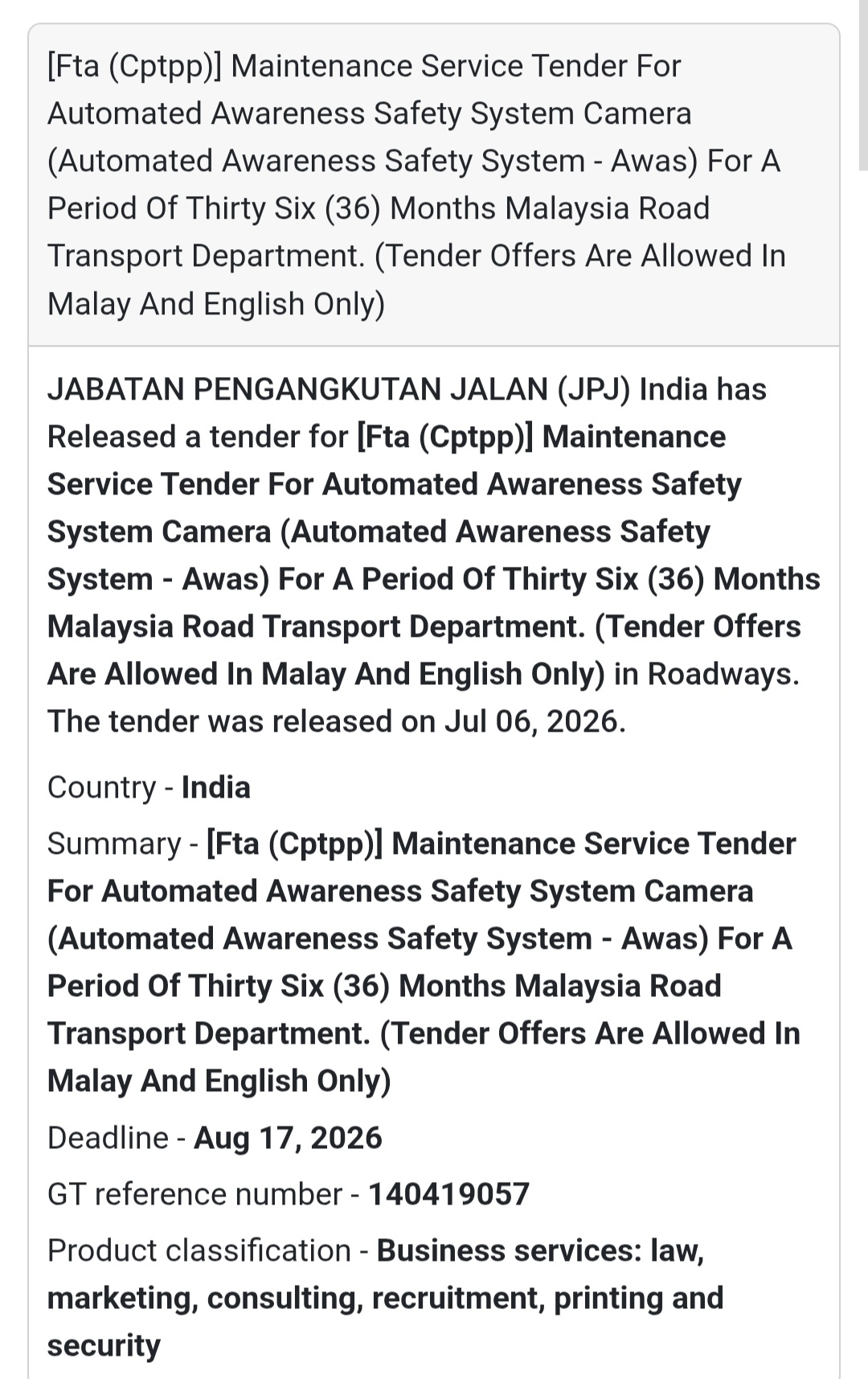🎥 Malaysia Road Transport Department Tender | Malaysia