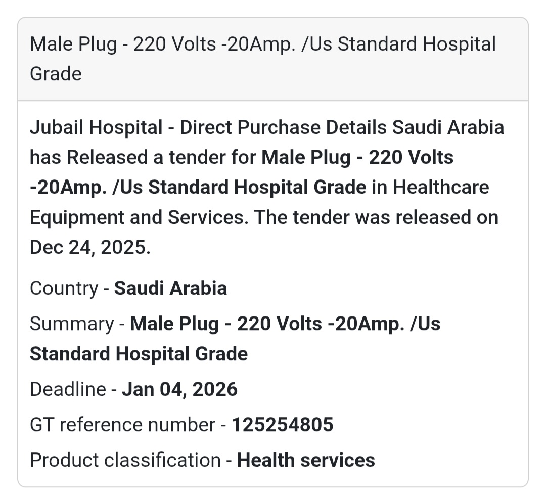 🔌 Male Plug – 220 Volts, 20 Amp (US Standard Hospital Grade) 🇸🇦