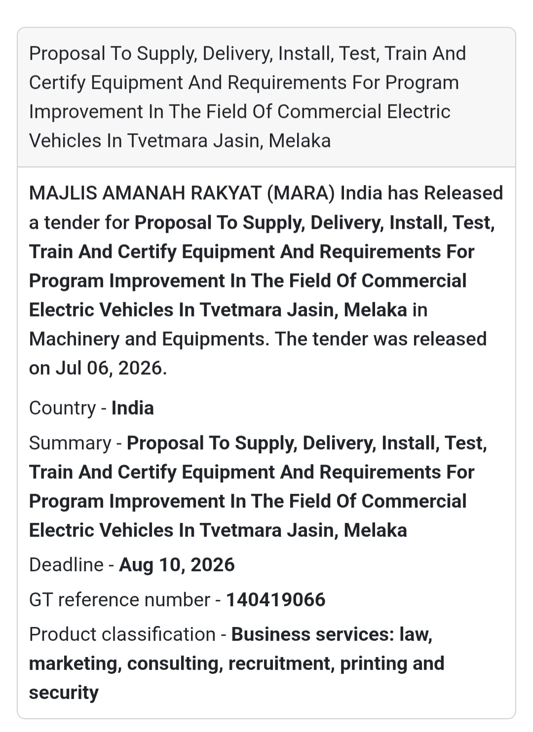 ⚡ MARA Tender | Malaysia📢 New Tender Alert!