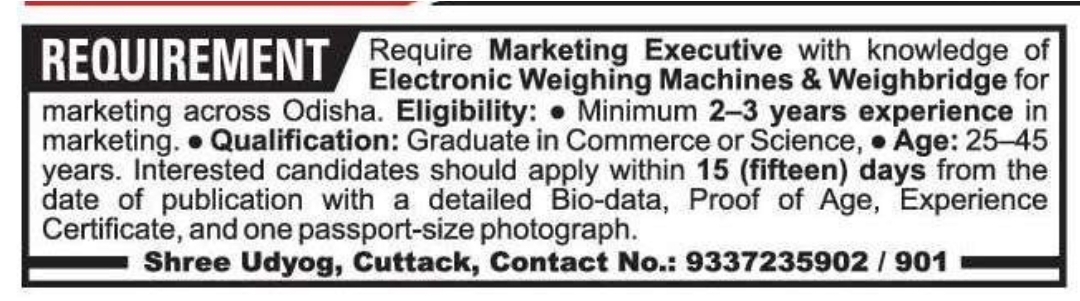 💼 Marketing Executive Required – Shree Udyog, Cuttack