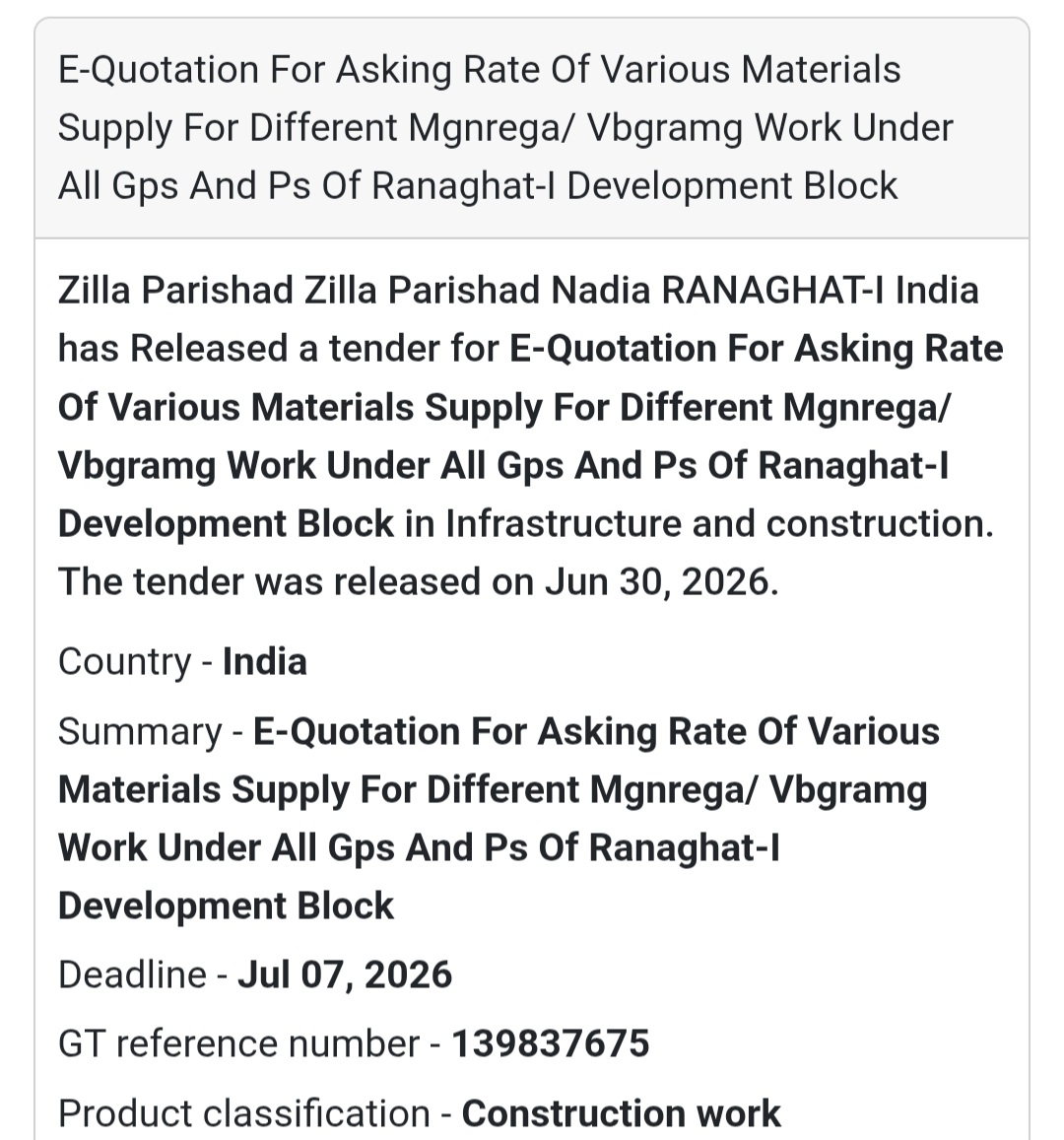 📢 Materials Supply Tender for MGNREGA & VBGRAMG – Ranaghat-I | Nadia