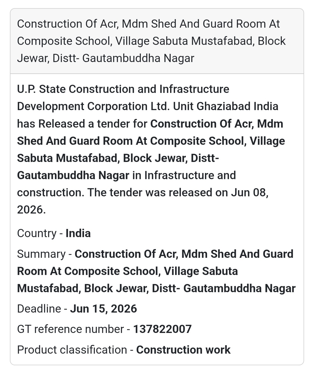 🏫 MDM Shed & Guard Room Construction Tender | Jewar, Gautam Buddha Nagar 📍Gautam Buddha Naga