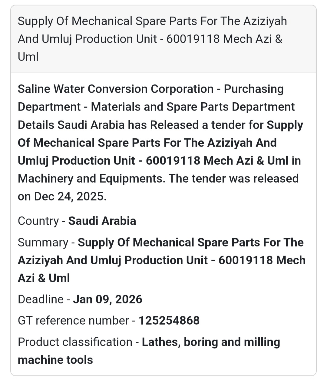 ⚙️ Mechanical Spare Parts – Aziziya & Umluj Units 🇸🇦