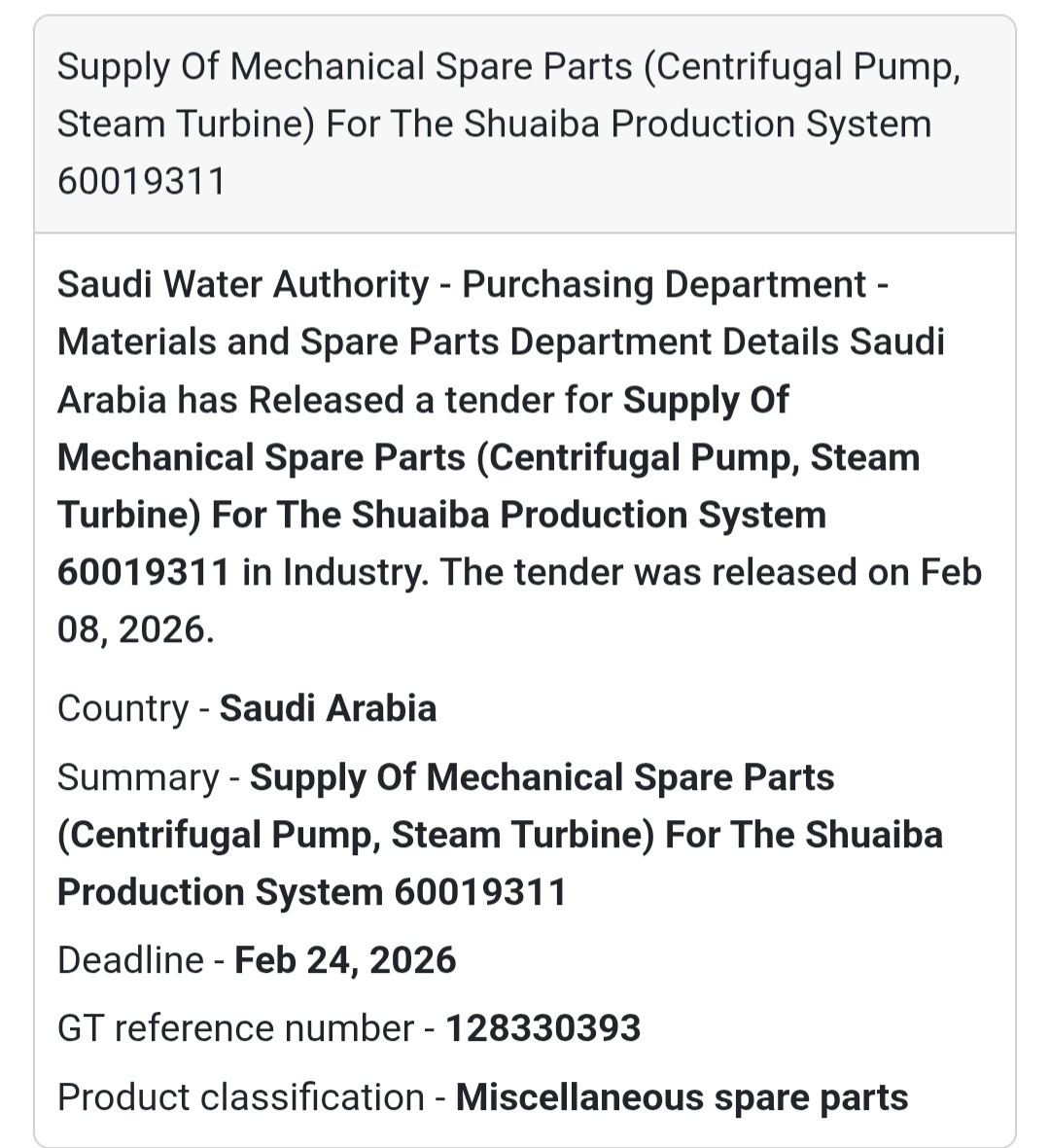 ⚙️ Mechanical Spare Parts – Shuaiba Production System