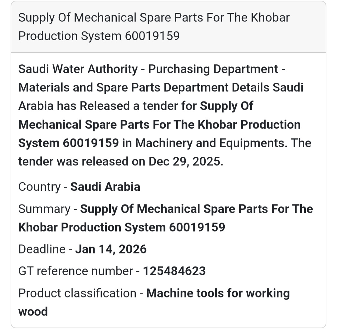 📢 Mechanical Spare Parts Tender – Saudi Arabia 🇸🇦