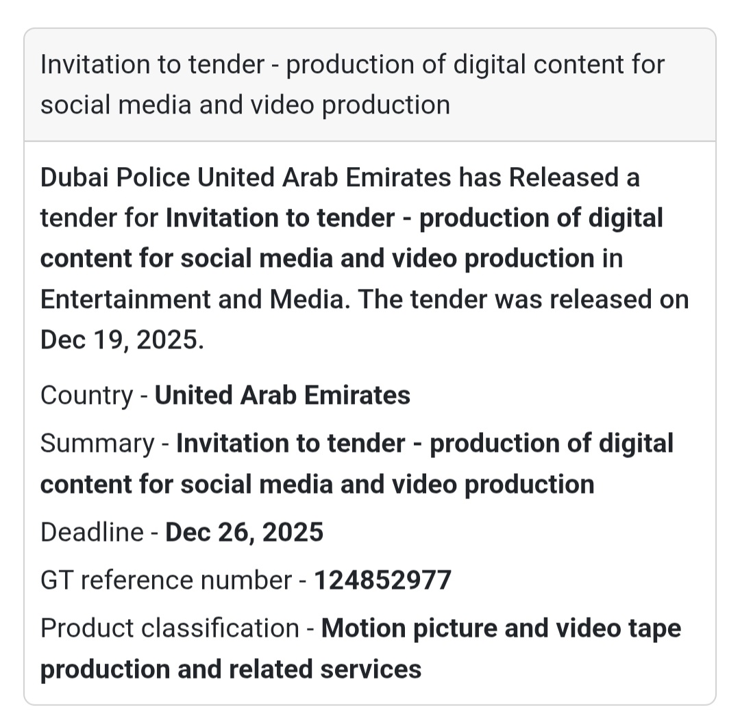 📢 Media & Production Tender – UAE 🇦🇪