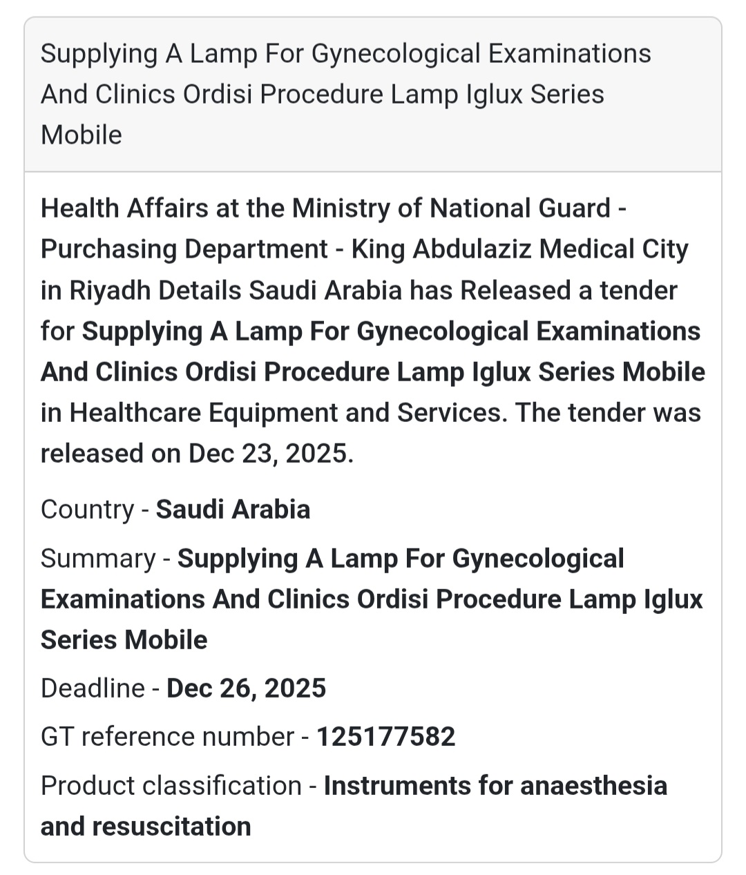 💡 Medical Equipment Tender – Saudi Arabia 🇸🇦
