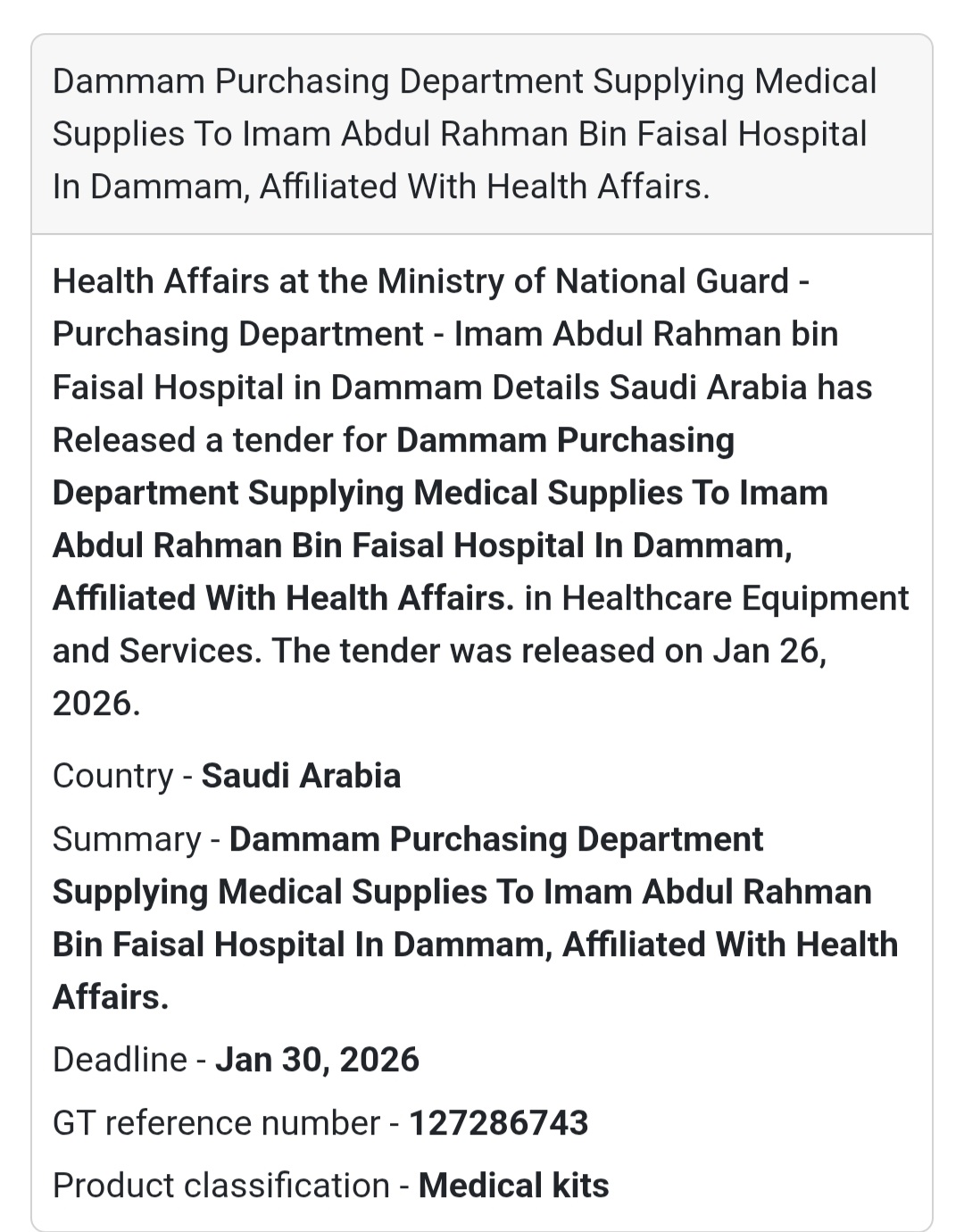 🏥 Medical Kits Supply – Dammam Hospital