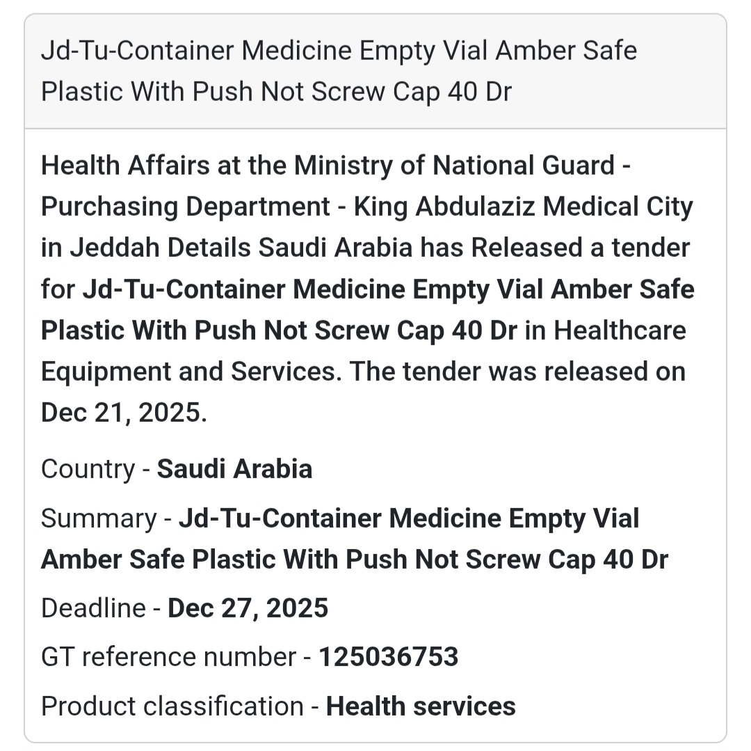🧴 Medical Packaging Tender – Saudi Arabia