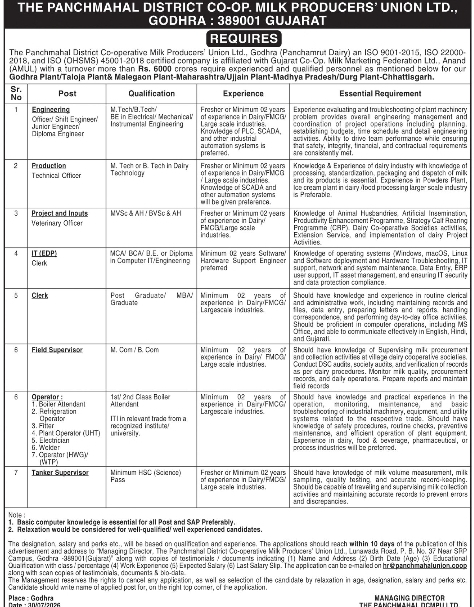 🥛 Multiple Job Openings – Panchmahal District Co-operative Milk Producers' Union Ltd. | Godhra, Gujarat